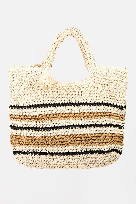 Fame Striped Straw Braided Tote Bag - Trendsi