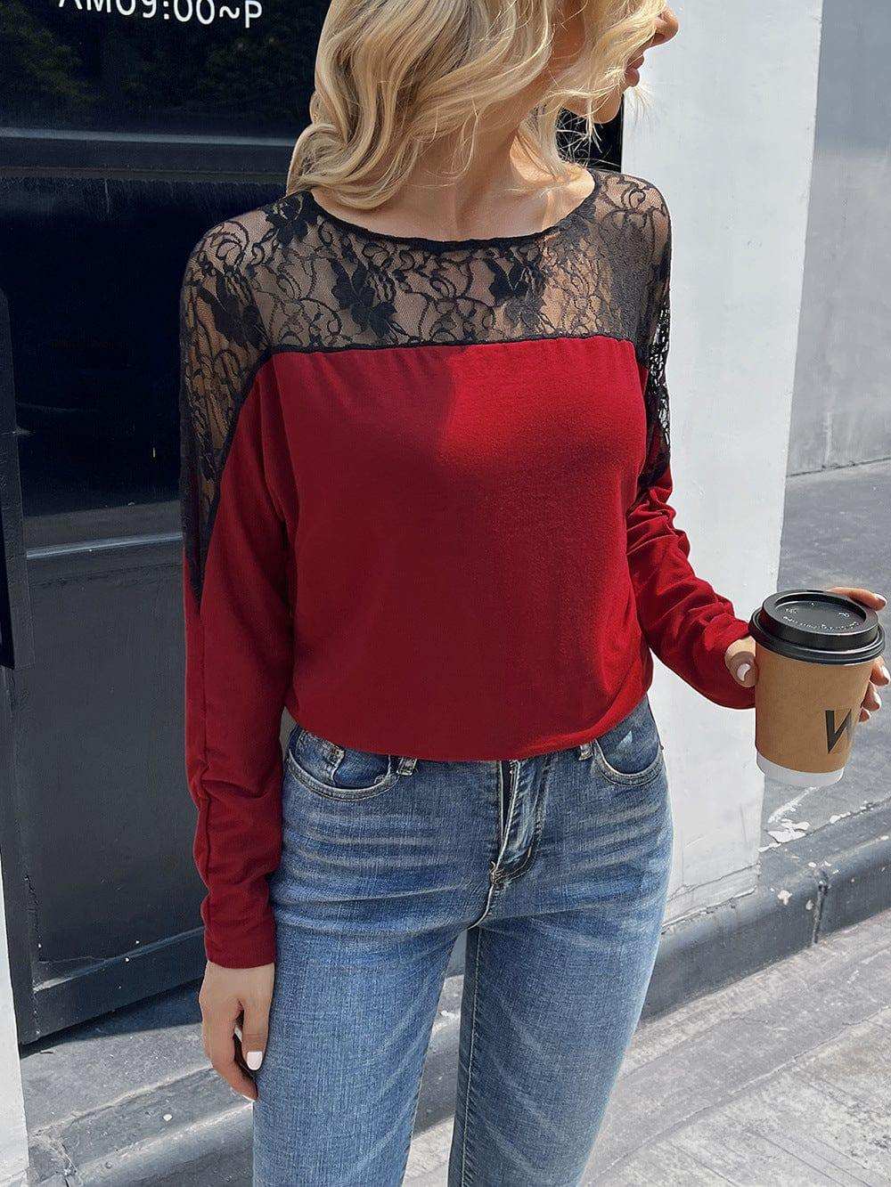 Lace Long Sleeve Round Neck Tee - Trendsi - Flyclothing LLC