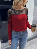 Lace Long Sleeve Round Neck Tee - Trendsi - Flyclothing LLC