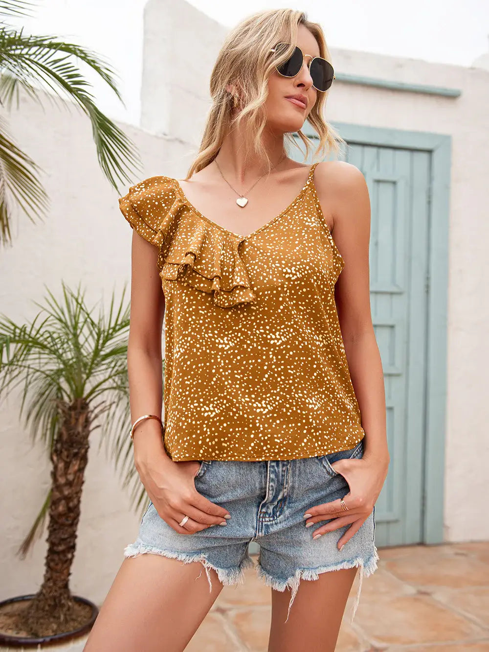 Polka Dot Ruffle Trim Asymmetrical Tank Top - Trendsi - Flyclothing LLC