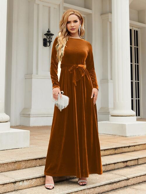 Tie Long Flyclothing – Sleeve LLC Round Front Dress Neck Maxi