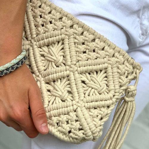 Macrame Clutch with Tassel, Cream - Flyclothing LLC