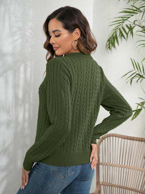 Johnny Collar Cable-Knit Long Sleeve Sweater - Trendsi - Flyclothing LLC