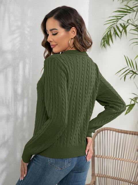 Johnny Collar Cable-Knit Long Sleeve Sweater - Trendsi