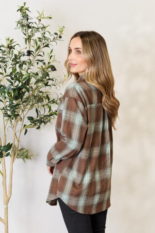 Double Take Plaid Dropped Shoulder Shirt - Trendsi