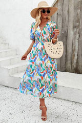 Smocked Printed V-Neck Short Sleeve Dress - Trendsi - Flyclothing LLC