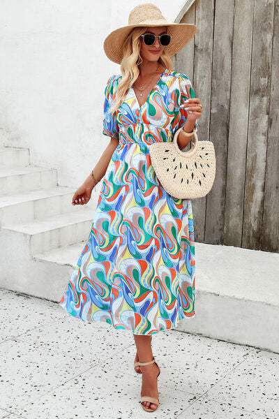 Smocked Printed V-Neck Short Sleeve Dress - Trendsi - Flyclothing LLC