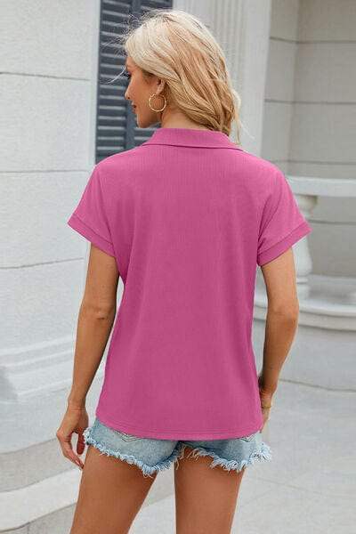Johnny Collar Short Sleeve Blouse - Trendsi - Flyclothing LLC