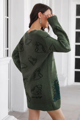 Dinosaur Pattern V-Neck Sweater Dress - Trendsi