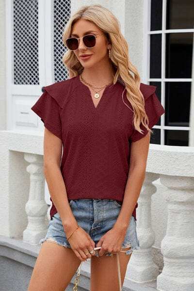 Eyelet Notched Short Sleeve T-Shirt - Trendsi - Flyclothing LLC