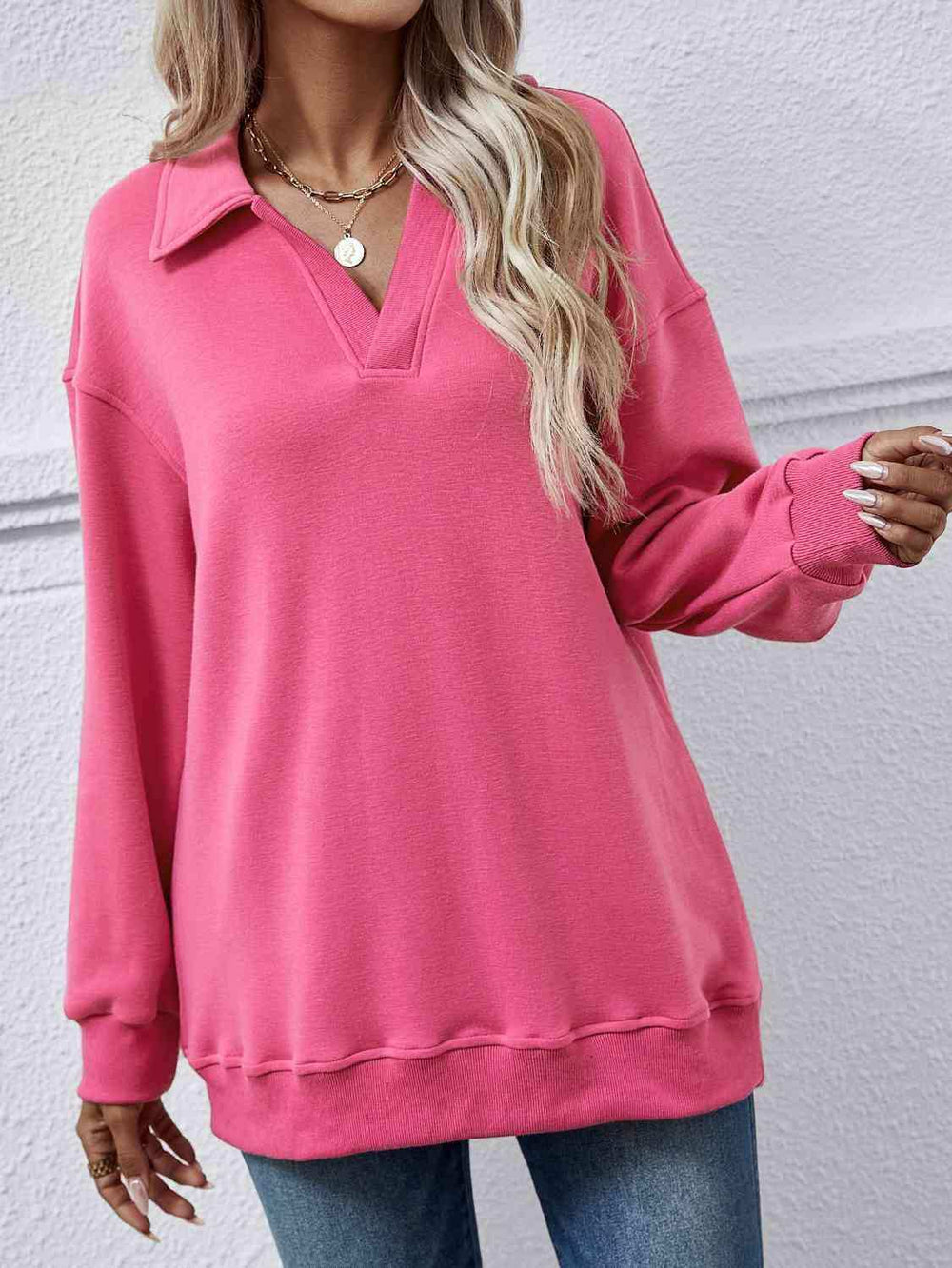 Collared Neck Dropped Shoulder Sweatshirt - Trendsi - Flyclothing LLC