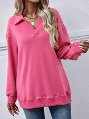Collared Neck Dropped Shoulder Sweatshirt - Trendsi