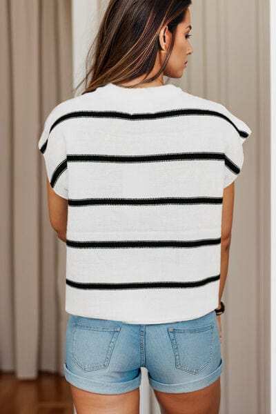 Striped Round Neck Cap Sleeve Sweater - Trendsi - Flyclothing LLC