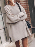 Openwork Round Neck Long Sleeve Slit Sweater - Trendsi
