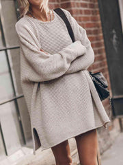 Openwork Round Neck Long Sleeve Slit Sweater - Trendsi
