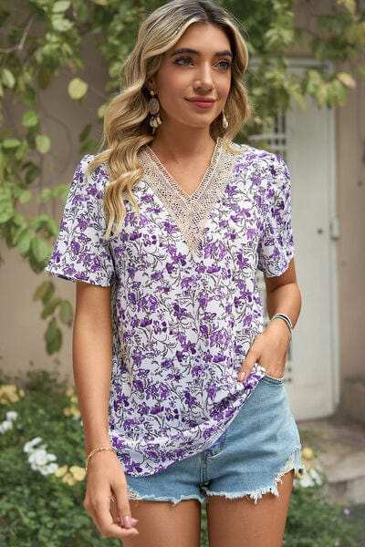 Floral V-Neck Short Sleeve T-Shirt - Trendsi - Flyclothing LLC