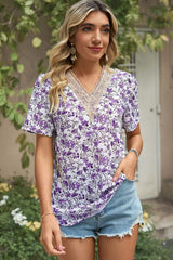 Floral V-Neck Short Sleeve T-Shirt - Trendsi