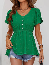 Swiss Dot Buttoned Petal Sleeve Peplum Blouse - Trendsi - Flyclothing LLC