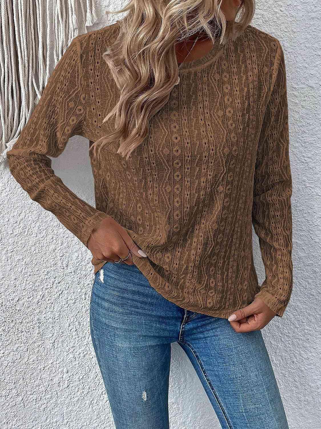 Eyelet Round Neck Long Sleeve Top - Trendsi