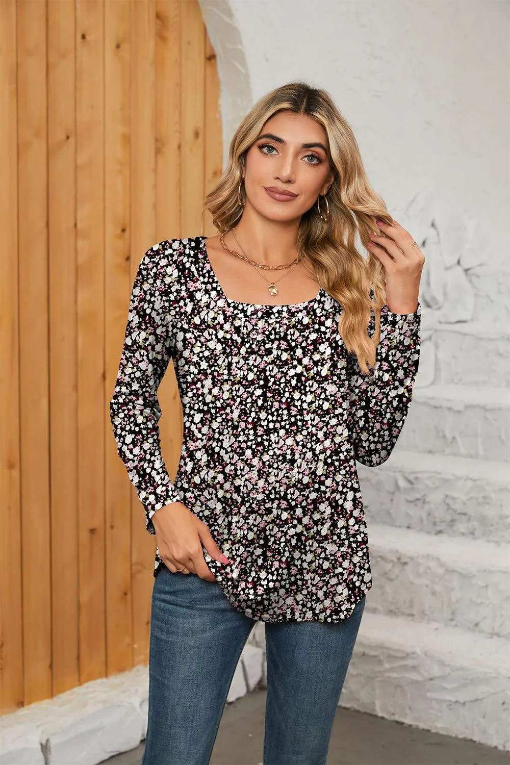 Printed Square Neck Long Sleeve Blouse - Trendsi - Flyclothing LLC