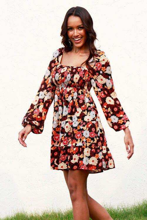 Floral Smocked Balloon Sleeve Tiered Dress - Trendsi - Flyclothing LLC