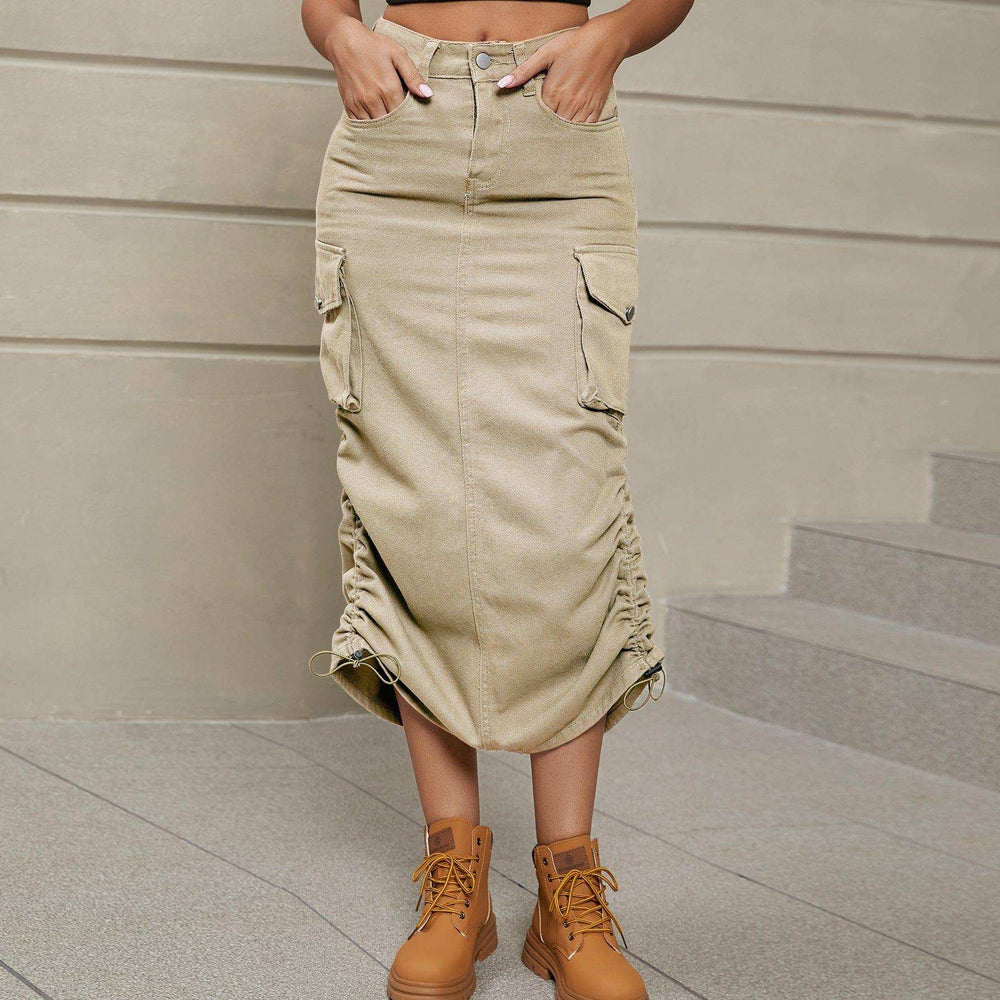 Drawstring Ruched Slit Denim Midi Skirt - Trendsi - Flyclothing LLC