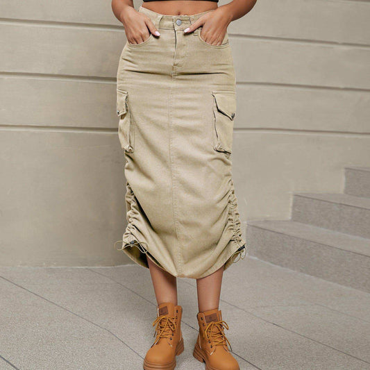 Drawstring Ruched Slit Denim Midi Skirt - Trendsi - Flyclothing LLC