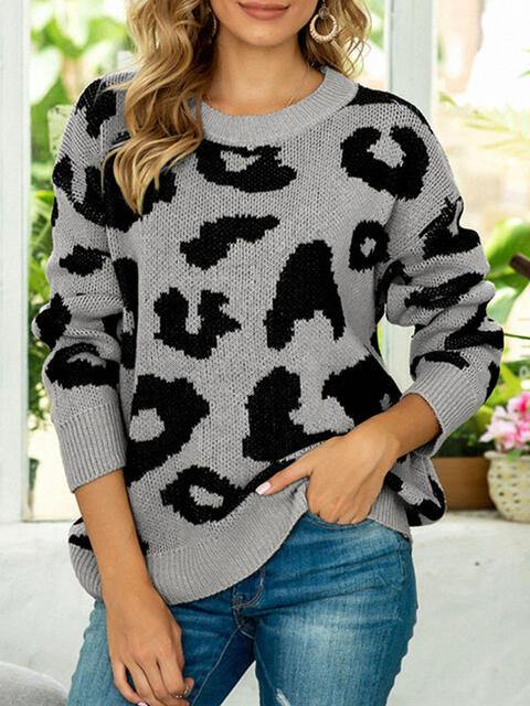 Drop Shoulder Leopard Pullover Sweater - Trendsi