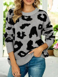 Drop Shoulder Leopard Pullover Sweater - Trendsi