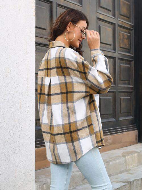Plaid Button Up Collared Neck Long Sleeve Shirt - Trendsi - Flyclothing LLC