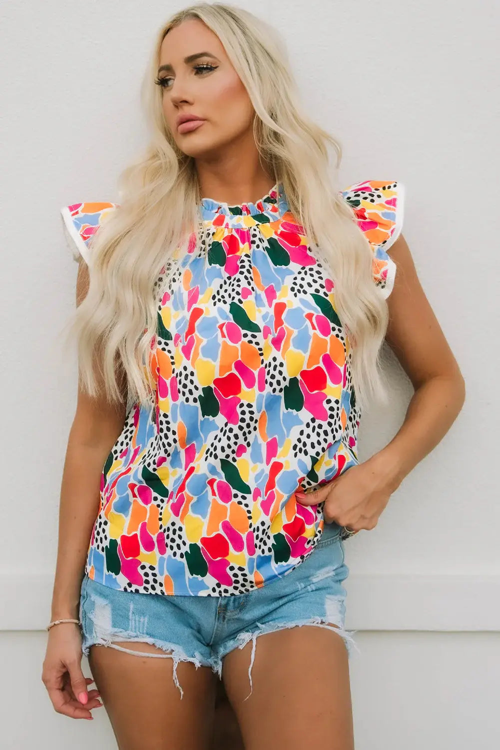 Floral Mock Neck Short Sleeve Blouse - Trendsi - Flyclothing LLC