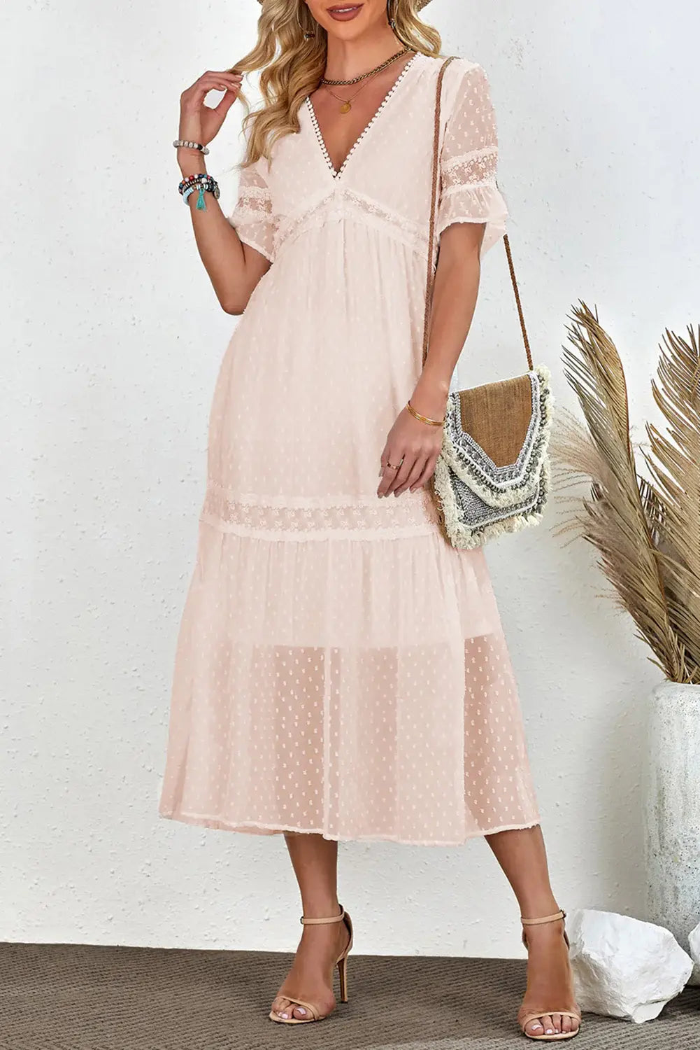 Swiss Dot V-Neck Short Sleeve Midi Dress - Trendsi - Flyclothing LLC