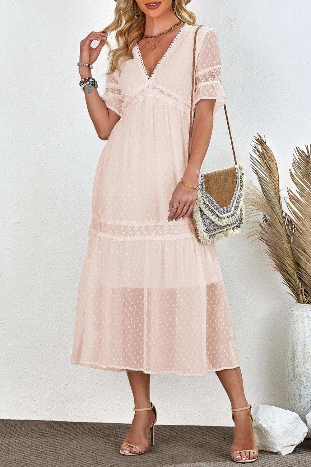 Swiss Dot V-Neck Short Sleeve Midi Dress - Trendsi - Flyclothing LLC