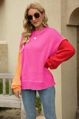 Color Block Round Neck Dropped Shoulder Sweater - Trendsi - Flyclothing LLC