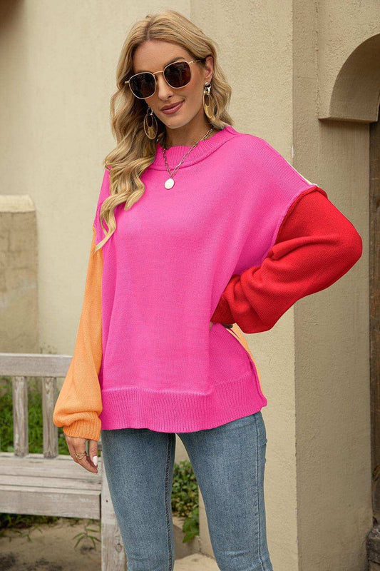 Color Block Round Neck Dropped Shoulder Sweater - Trendsi - Flyclothing LLC
