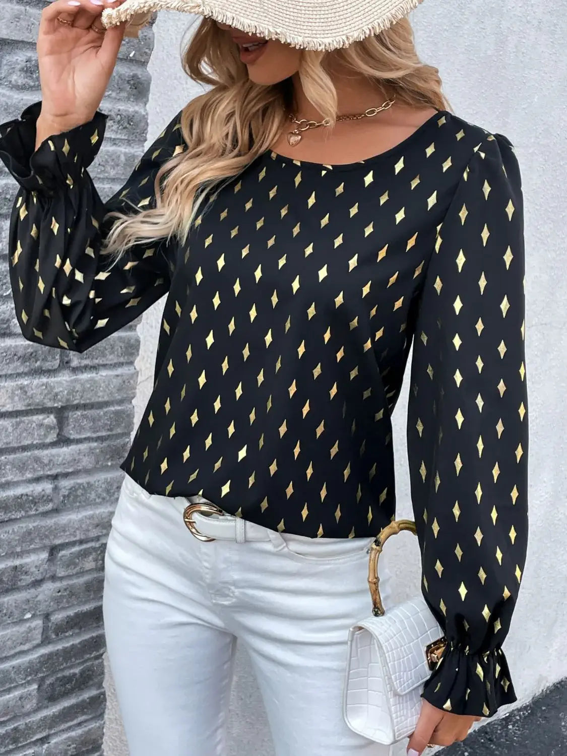 Printed Round Neck Flounce Sleeve Blouse - Trendsi - Flyclothing LLC