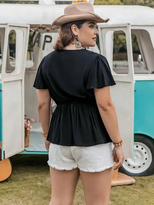 Plus Size V-Neck Flutter Sleeves Blouse - Trendsi - Flyclothing LLC