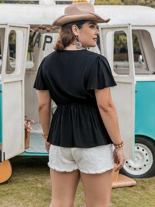 Plus Size V-Neck Flutter Sleeves Blouse - Trendsi - Flyclothing LLC