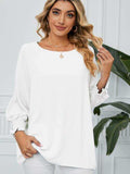 Smocked Lantern Sleeve Round Neck Blouse - Trendsi - Flyclothing LLC