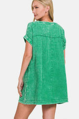 Zenana Washed Notched Short Sleeve Mini Dress - Trendsi - Flyclothing LLC