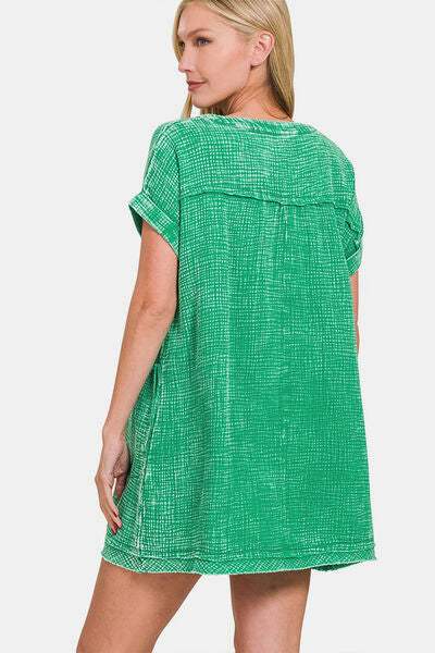 Zenana Washed Notched Short Sleeve Mini Dress - Trendsi - Flyclothing LLC