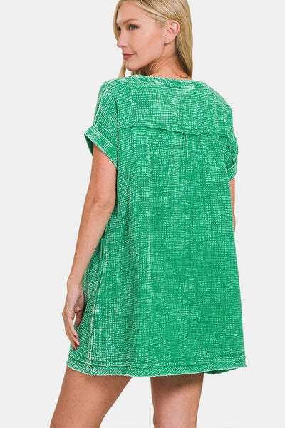 Zenana Washed Notched Short Sleeve Mini Dress - Trendsi - Flyclothing LLC