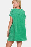 Zenana Washed Notched Short Sleeve Mini Dress - Trendsi - Flyclothing LLC