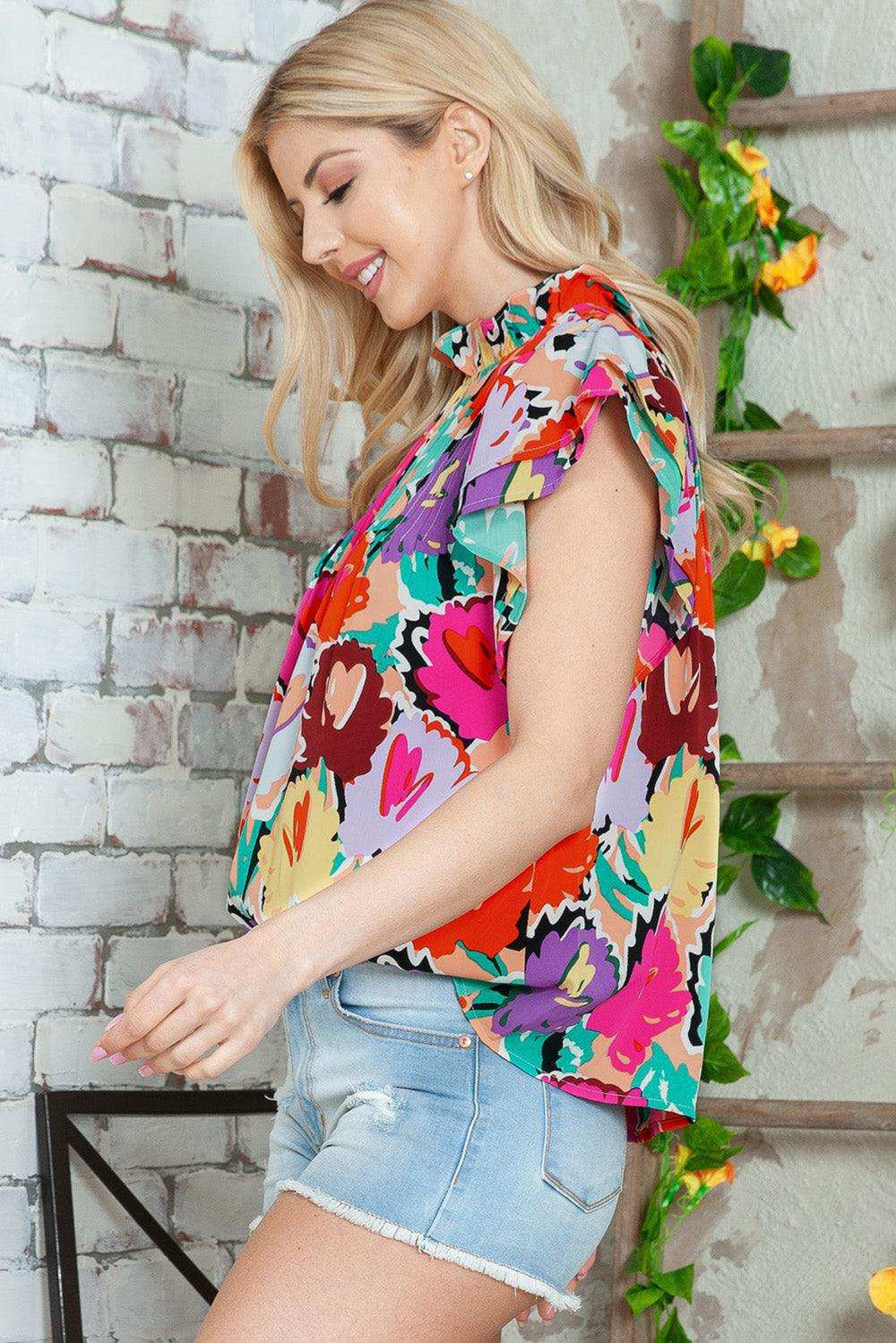 Multicolored Flutter Sleeve Mock Neck Blouse - Trendsi - Flyclothing LLC