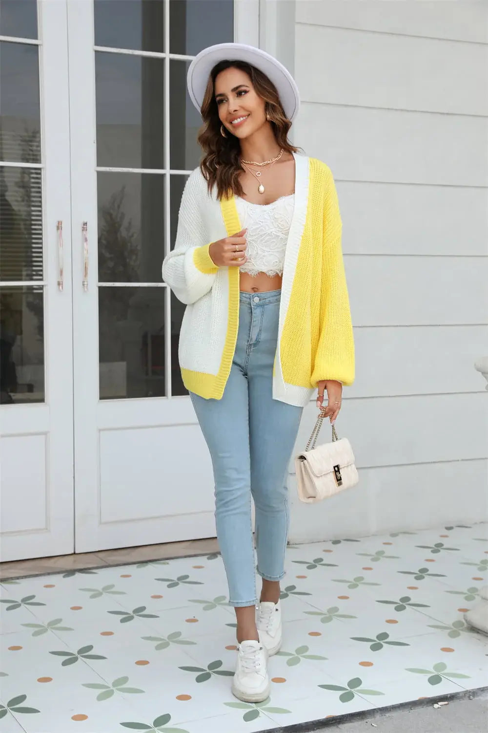 Open Front Contrast Color Balloon Sleeve Cardigan - Trendsi - Flyclothing LLC