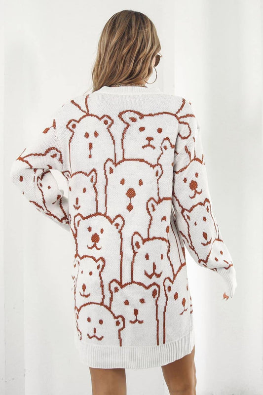 Bear Pattern Round Neck Sweater Dress - Trendsi