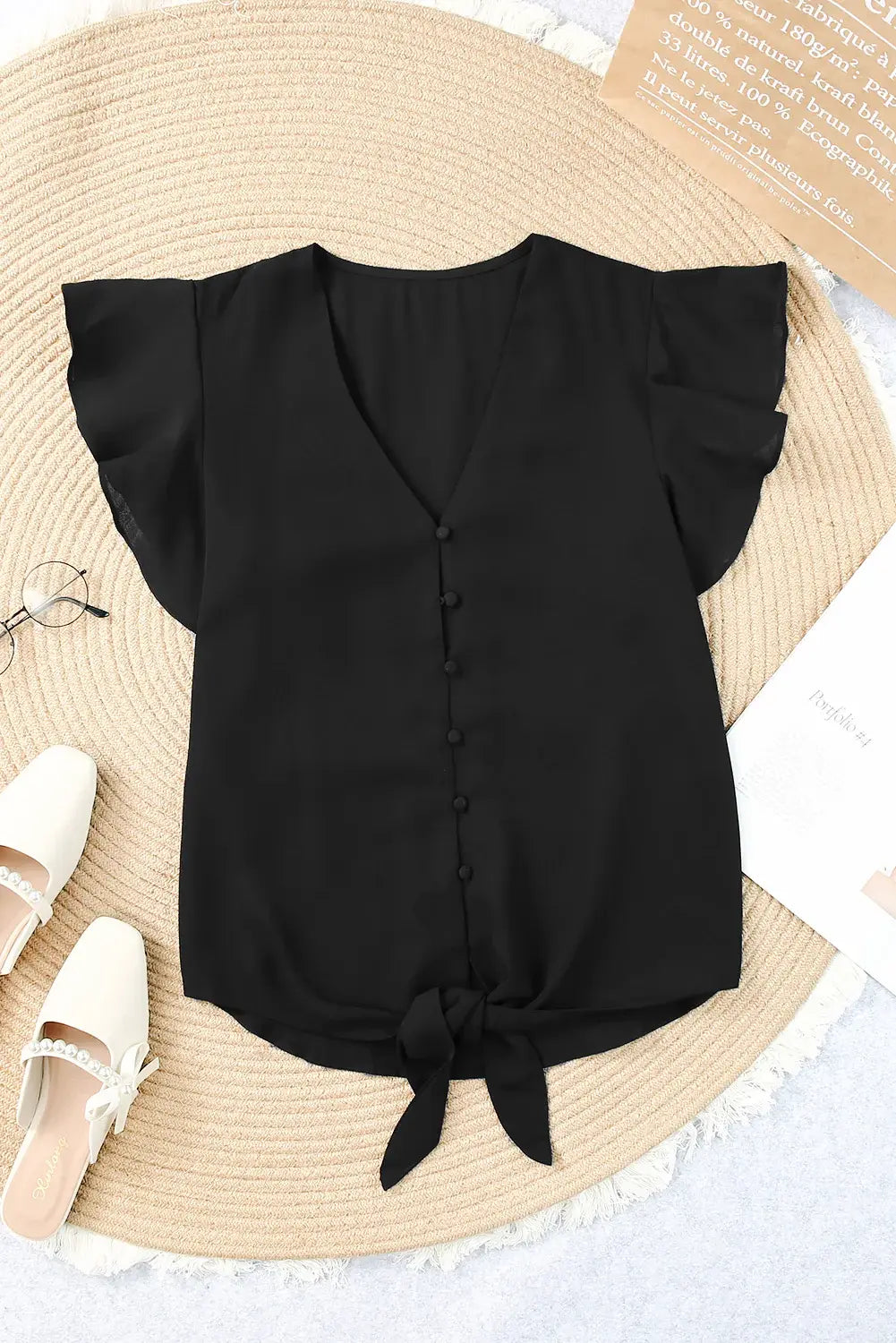V-Neck Tie Hem Flutter Sleeve Blouse - Trendsi - Flyclothing LLC