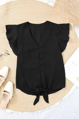 V-Neck Tie Hem Flutter Sleeve Blouse - Trendsi - Flyclothing LLC