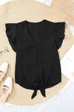V-Neck Tie Hem Flutter Sleeve Blouse - Trendsi - Flyclothing LLC
