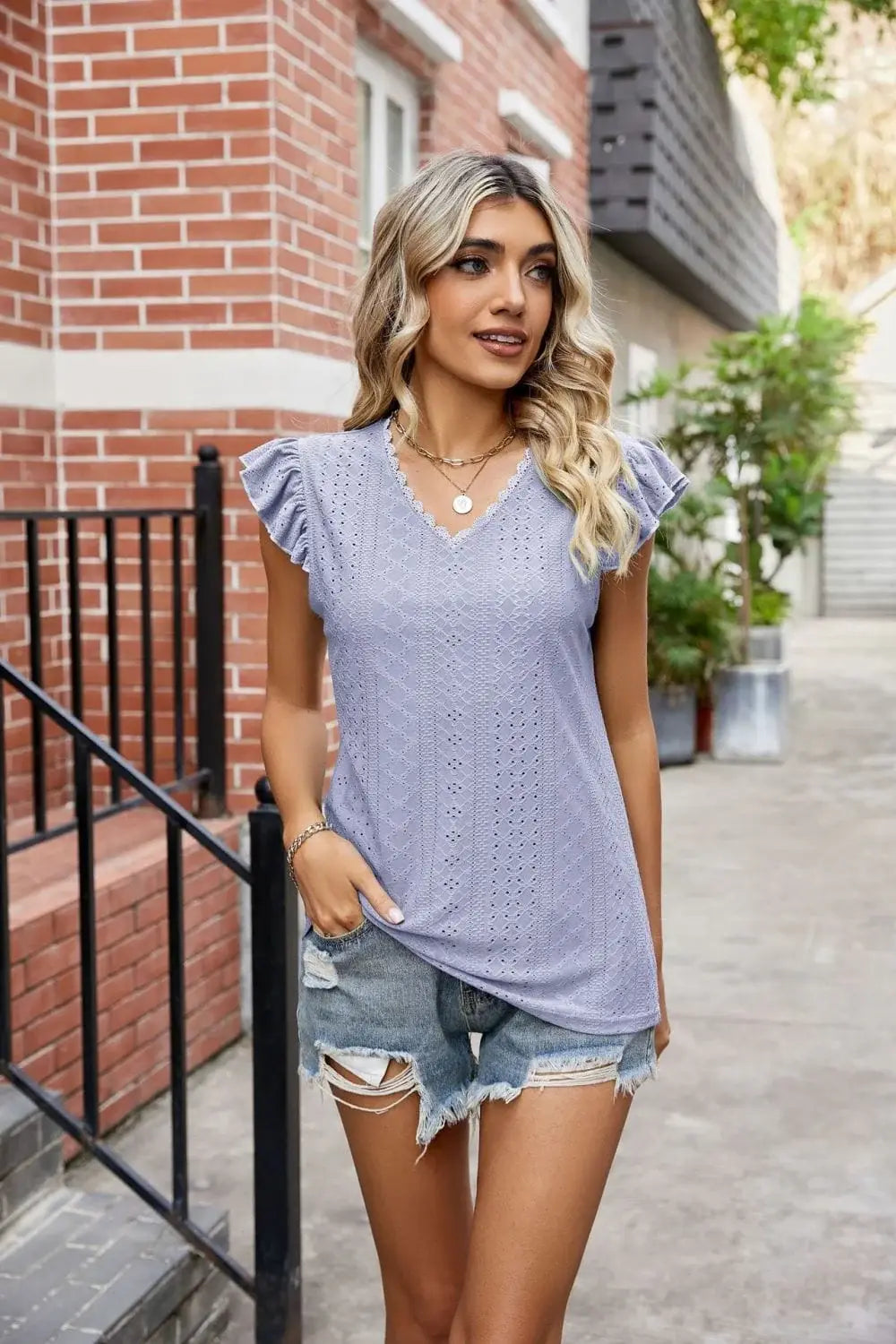 Eyelet Flutter Sleeve Scalloped V-Neck Top - Trendsi - Flyclothing LLC